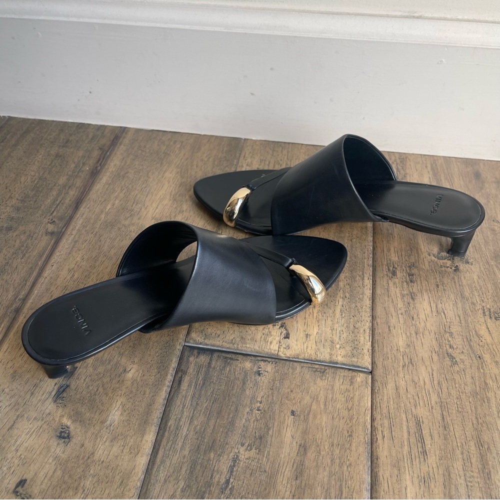 Vince Suzie Almond Toe Kitten Heel Sandals Mule Black Leather 38.5 - Picture 8 of 11